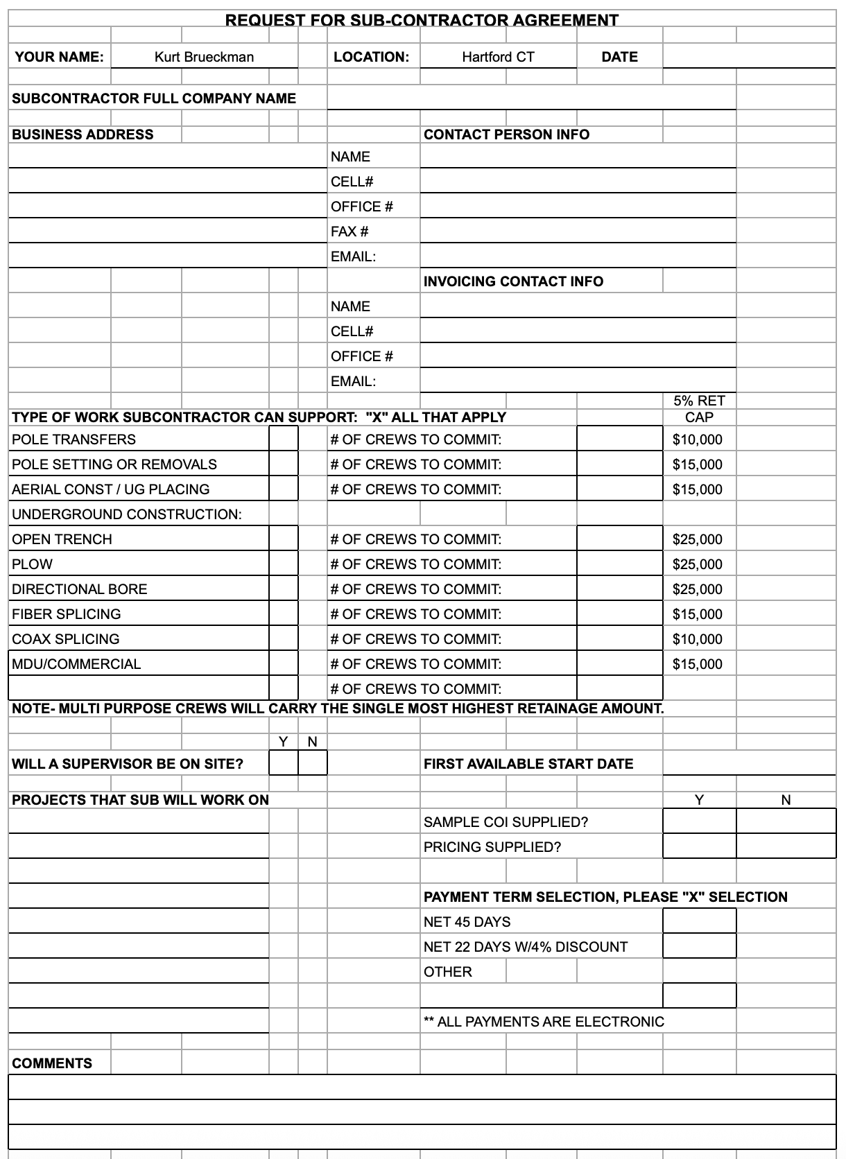 Request for Subcontractor Agreement (RFSA)